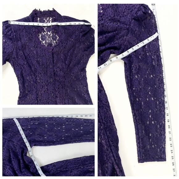🥀 Vintage Purple Floral Lace High Neck Button Front Long Overlay Midi Dress Sz M - Picture 7 of 8